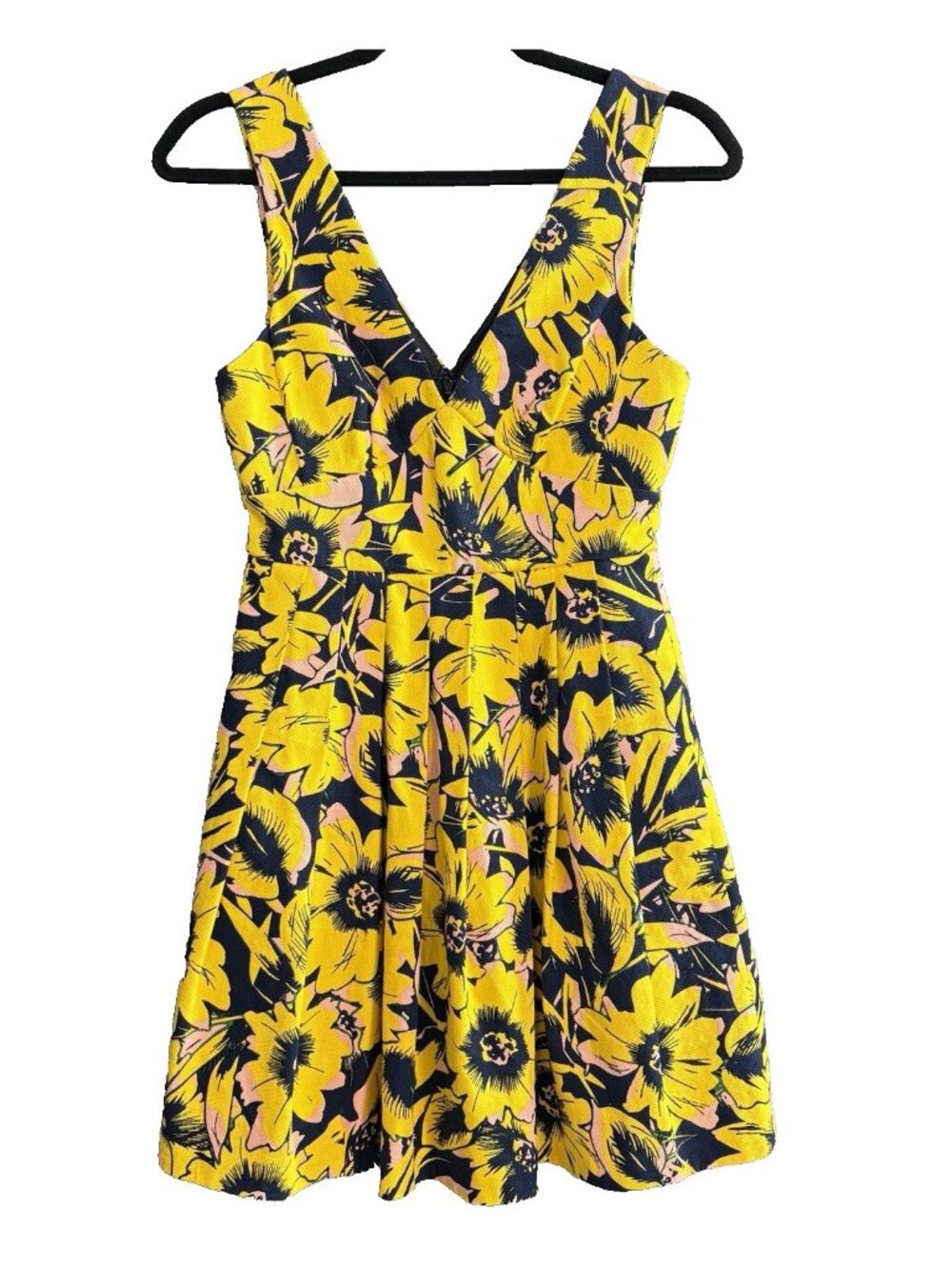 J CREW Women Fit Flare V Neck Pique Dress Sz 00 Yellow Floral Sleeveless 51-8